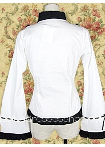 White And Black Cotton Stand-up Collar Long Sleeves Lolita Blouse With Ruffles