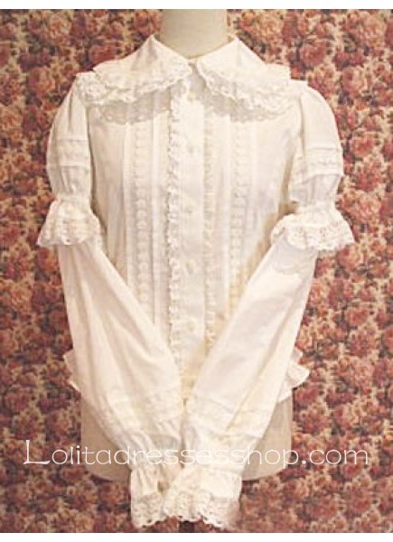 White Turndown Collar Long Sleeves Lolita Cotton Blouse