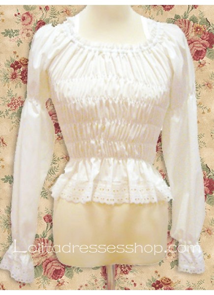 White Cotton Scoop Long Sleeves Lolita Blouse With Shirring