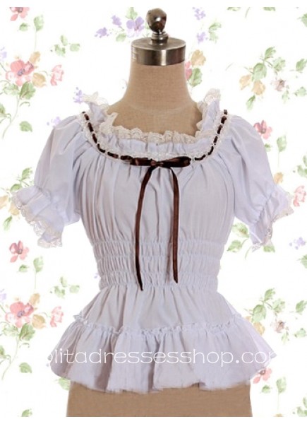 White Cotton Lace Collar Short Sleeves Lolita Blouse With Ruffles