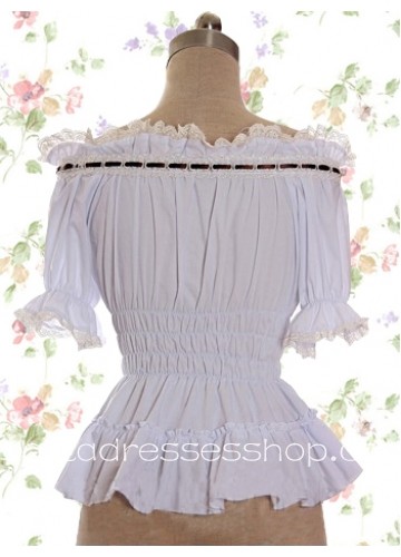 White Cotton Lace Collar Short Sleeves Lolita Blouse With Ruffles