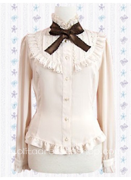 White Cotton Stand-up Collar Long Sleeves Lolita Blouse With Bow
