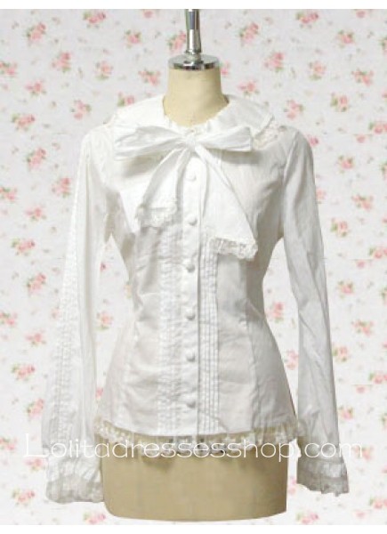 White Turndown Collar Long Sleeves Cotton Lolita Blouse With Bow