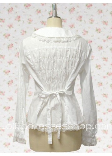 White Turndown Collar Long Sleeves Cotton Lolita Blouse With Bow