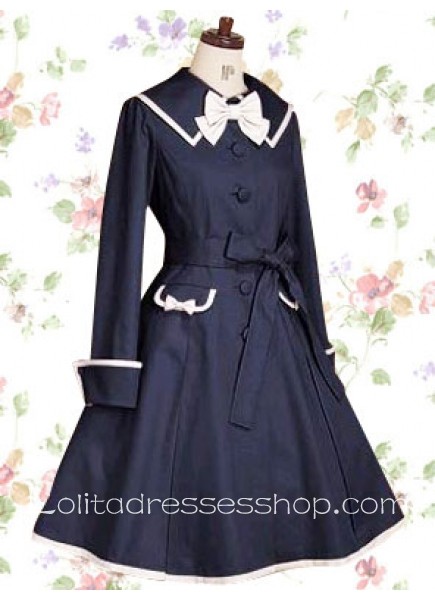 Dark Navy Turndown Collar Long Sleeves Cotton Lolita Coat/Jacket With Bow And Pocket