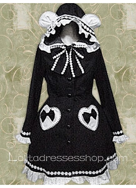 Black And White Long Sleeves Lolita Coat With Hood Style