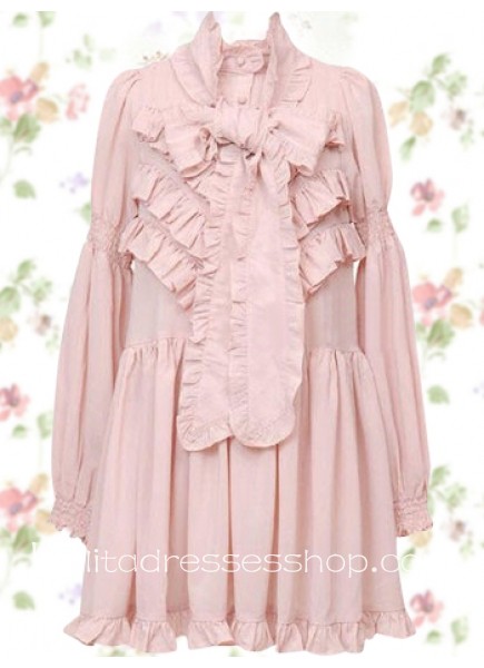 Pink Cotton Stand Collar Long Sleeves Lolita Overcoat With Ruffles