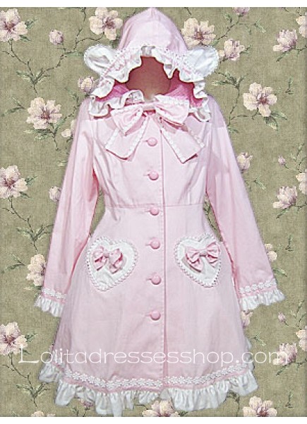 Pink Scalloped-Edge Long Sleeves Lolita Coat/Jacket With Bow And Pocket