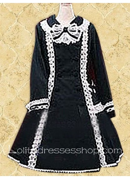 Black And White Turndown Collar Long Sleeves White Lace Trim Lolita Coat