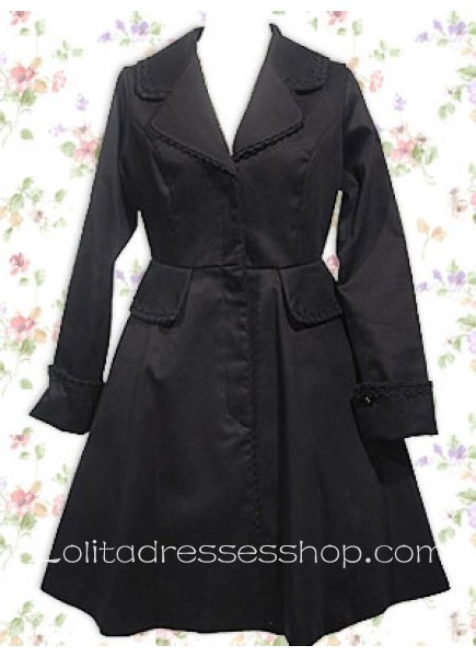 Black Turndown Collar Long Sleeves Knee-length Cotton Lolita Coat With Pockets