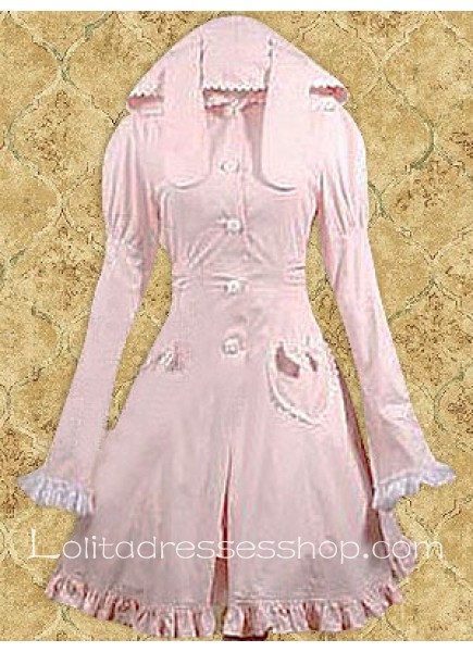 Pink Cotton Long Sleeves Knee-length Lolita Coat With Hood Style