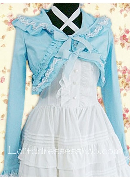 Sky Blue Turndown Collar Long Sleeves Cotton Lolita Coat/Jacket With Lace Trim And Bow