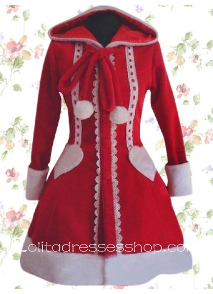 Red Long Sleeves Knee-length Cotton Lolita Overcoat With Hood Style
