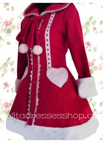 Red Long Sleeves Knee-length Cotton Lolita Overcoat With Hood Style