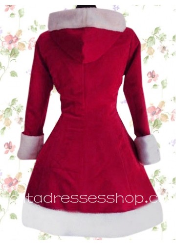 Red Long Sleeves Knee-length Cotton Lolita Overcoat With Hood Style