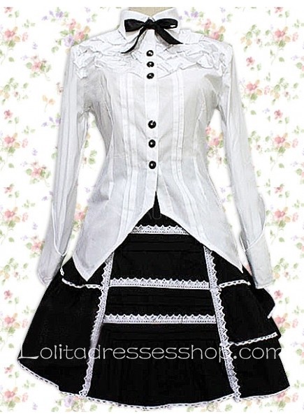 Short White And Black Cotton Turndown Collar Long Sleeves Bow And Lace Lolita Outfit