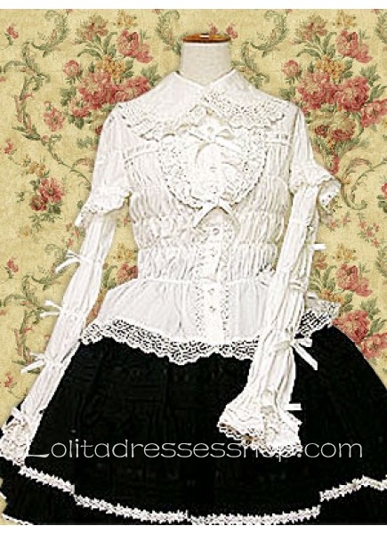 Cotton White Turndown Collar Long Sleeve Lace Lolita Blouse And Black Lolita Skirt Outfit