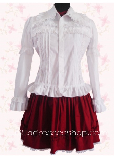 White Turndown Collar Long Sleeves Cotton Lolita Blouse And Dark Red Skirt Outfit
