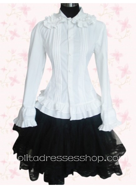 Short White And Black Turndown Collar Long Sleeves Cotton Lolita Outfit With Ruffles And Lace