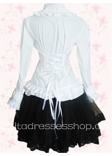 Short White And Black Turndown Collar Long Sleeves Cotton Lolita Outfit With Ruffles And Lace