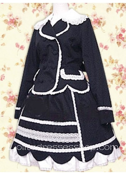 Knee-length Black And White Long Sleeves Scalloped Lace Gothic Lolita Blouse Skirt Outfit