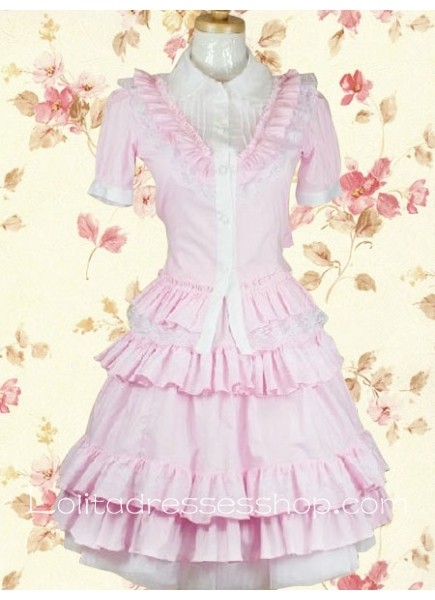 Pink Cotton Turndown Collar Short Sleeves Sweet Lolita Outfit