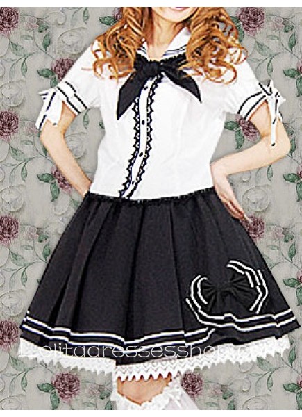 Black And White Cotton Turndown Collar Short Sleeves Lolita Blouse And Black Skirt Outfit