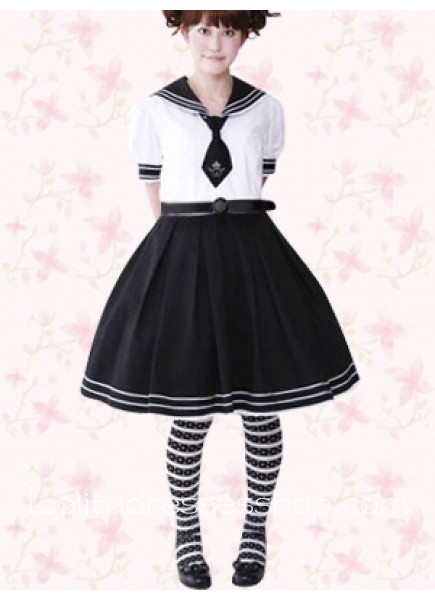 Black And White Turndown Collar Short Sleeves Lolita Suit