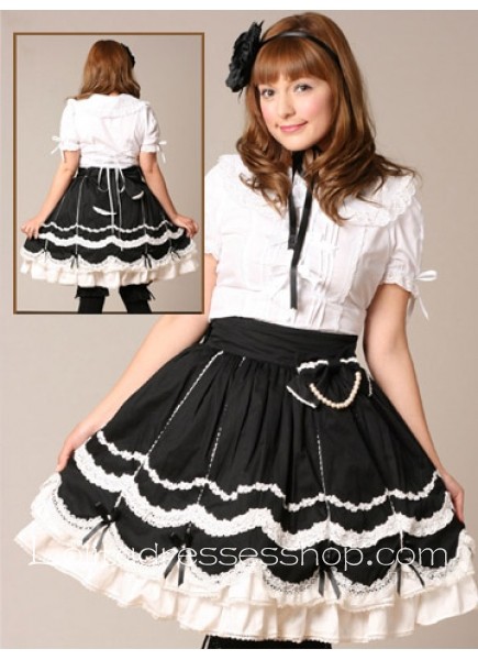 White And Black Turndown Collar Short Sleeves Lolita Outfit With Ruffles
