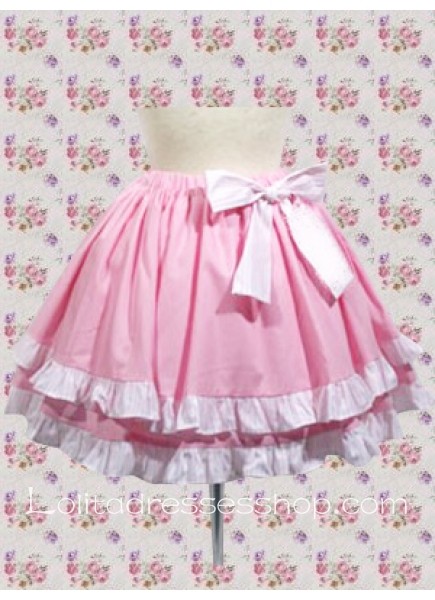 Short Pink Cotton Lolita Skirt With Ruffles Bow