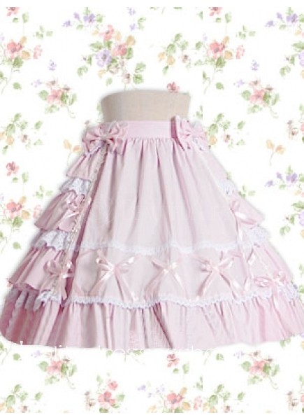 Pink Cotton Knee-length Sweet Lolita Skirt With Ruffles Bow