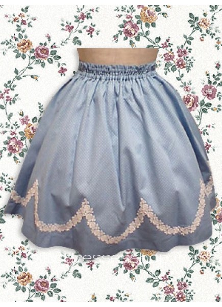 Blue Cotton Knee-length Sweet Lolita Skirt With Scalloped Lace