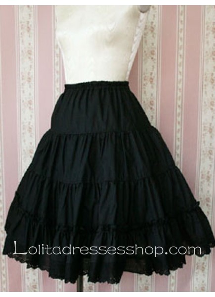 Black Cotton Tea-length Lace Trim Hem Lolita Skirt