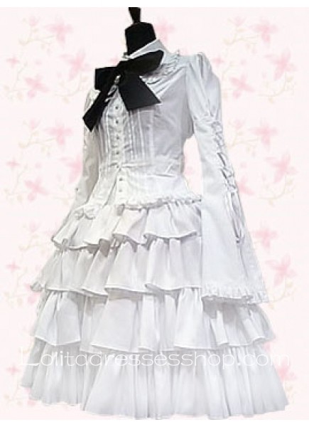 White Turndown Collar Long Sleeve Knee-length Punk Lolita Dress With Bow Style