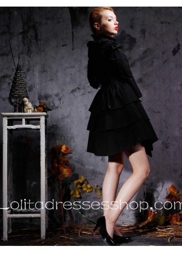 Punk Style Short Black Turtleneck Three-Quarter Sleeves Lolita Dress With Tiers