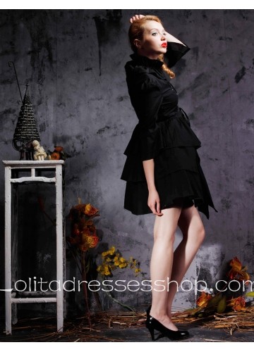 Punk Style Short Black Turtleneck Three-Quarter Sleeves Lolita Dress With Tiers