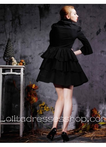 Punk Style Short Black Turtleneck Three-Quarter Sleeves Lolita Dress With Tiers