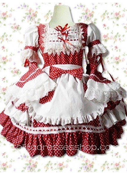 Punk Style Red White Cowlneck Long Sleeve Cotton Polka Dot Lolita Dress With Pleats