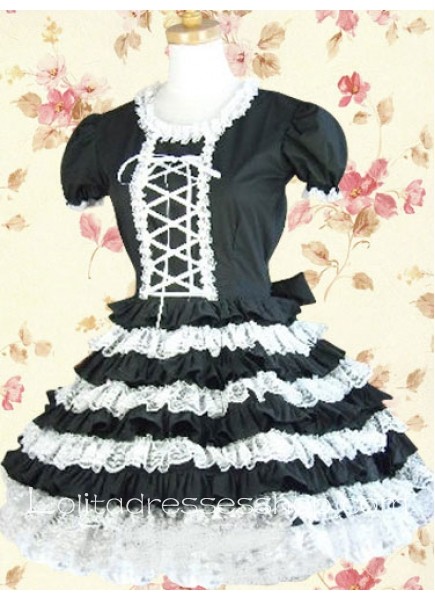 Short Balck And White Cowlneck Short Sleeves Cotton Punk Lolita Dress With Lace Trim Style