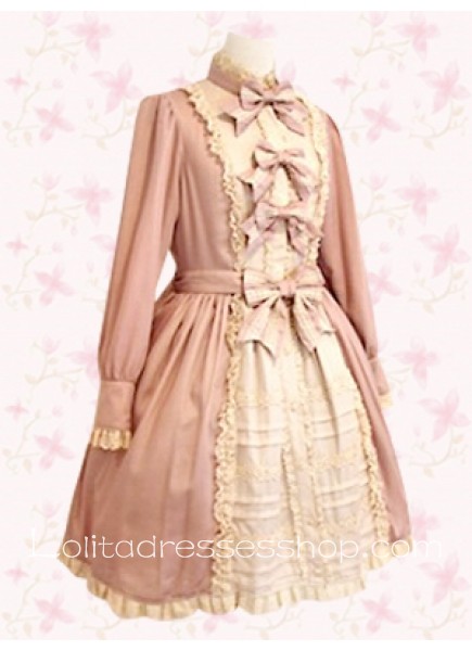 Unique Short Pink Turtleneck Long Sleeves Punk Lolita Dress With Tight Cuff Style