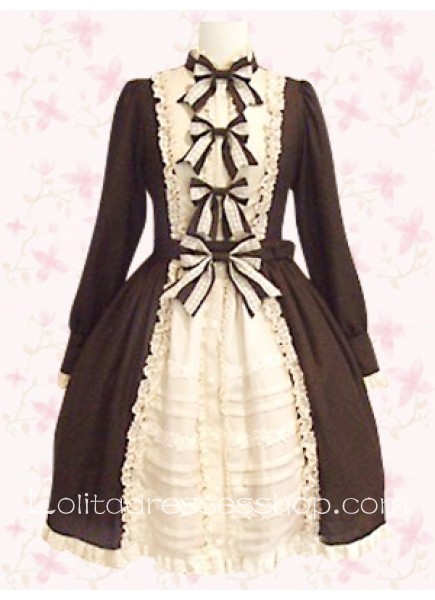Punk Style Coffee Front Bows Long Sleeves Cotton Lolita Dress With Lace Trim Style