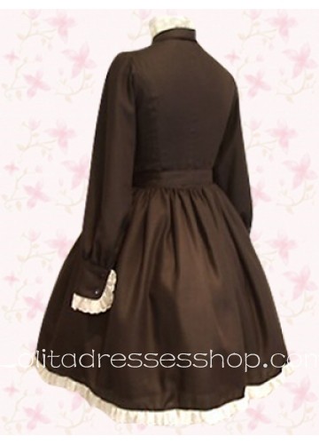 Punk Style Coffee Front Bows Long Sleeves Cotton Lolita Dress With Lace Trim Style