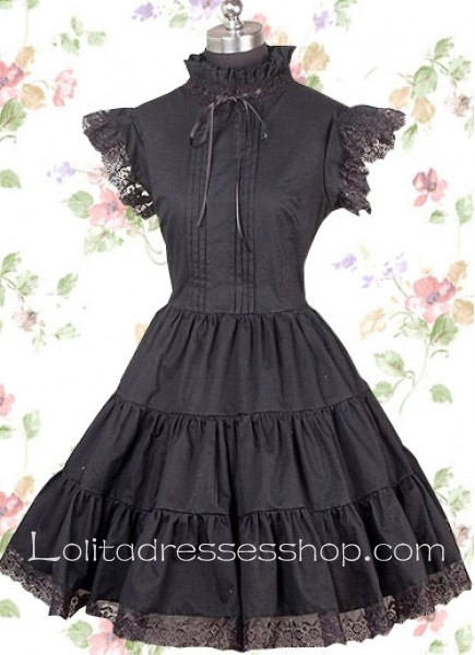 Short Black Turtleneck Cap Sleeves Punk Lolita Dress With Lace Trim Style