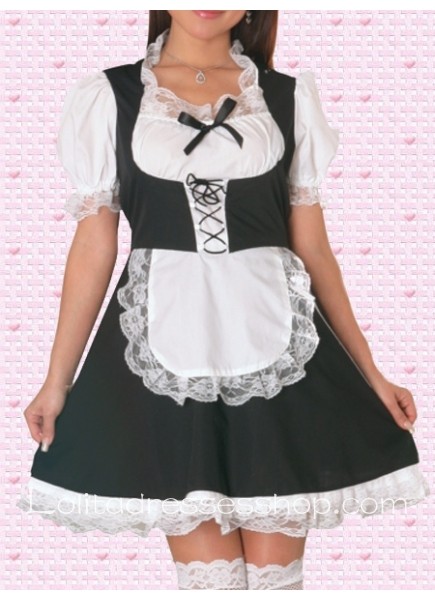 Black And White Lace Collar Short Sleeves Cotton Punk Lolita Dress With Lace