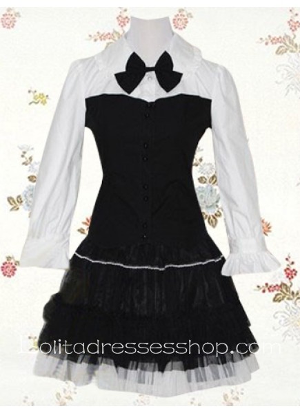 Graceful Black And White Turndown Collar Long Sleeve Knee-length Punk Lolita Dress With Bow Lace Style