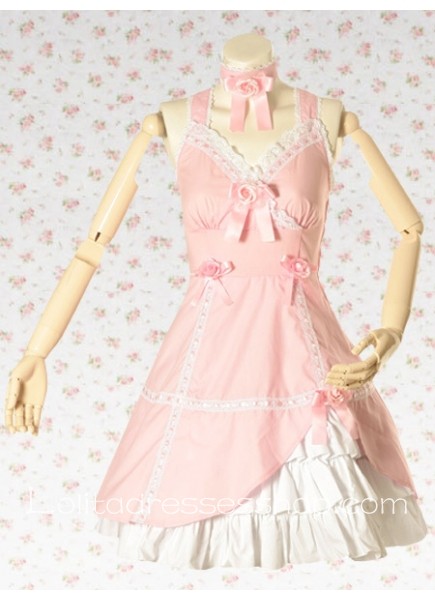 Pink And White V-Neck Sleeveless Knee-length Cotton Appliques Punk Lolita Dress With Ruffles Style