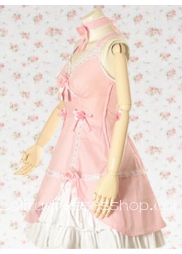 Pink And White V-Neck Sleeveless Knee-length Cotton Appliques Punk Lolita Dress With Ruffles Style