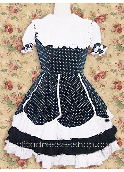 Knee-length Turndown Collar Short Sleeve Empire Punk Lolita Dress With Lace Ruffles