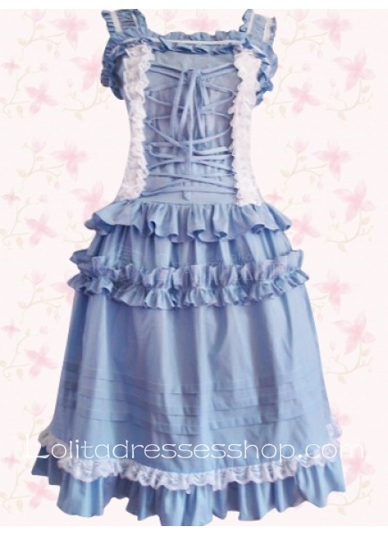 Elegant Blue Square-collar Sleeveless Knee-length Front Bandage Punk Lolita Dress With Ruffles
