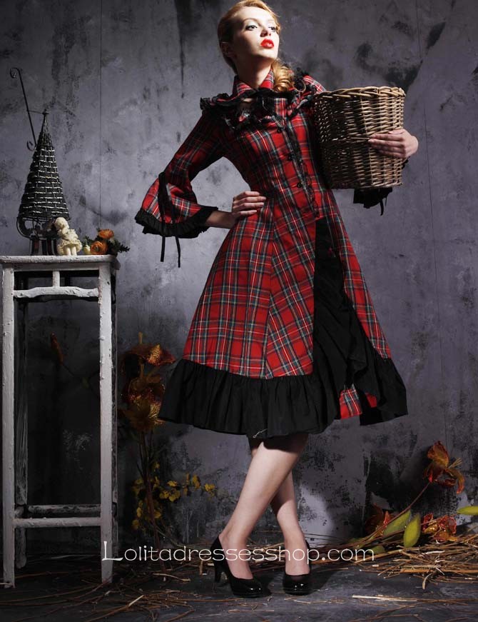 Red Plaid And Black Ruffles Turndown Collar Long Sleeves Punk Style Lolita Dress